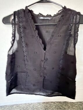 Zara Black Sheer Sleeveless V-Neck Camisole with Embroidered Dots